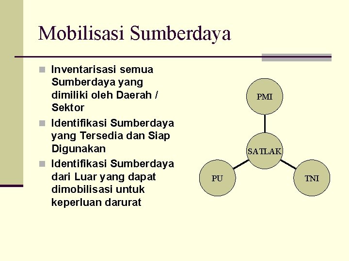 Mobilisasi Sumberdaya n Inventarisasi semua Sumberdaya yang dimiliki oleh Daerah / Sektor n Identifikasi