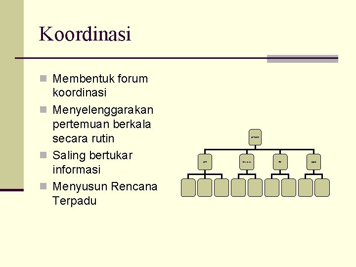 Koordinasi n Membentuk forum koordinasi n Menyelenggarakan pertemuan berkala secara rutin n Saling bertukar