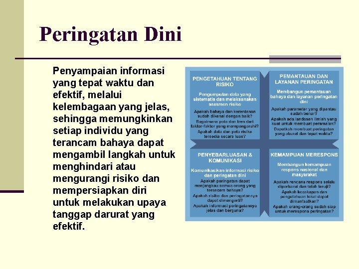 Peringatan Dini Penyampaian informasi yang tepat waktu dan efektif, melalui kelembagaan yang jelas, sehingga