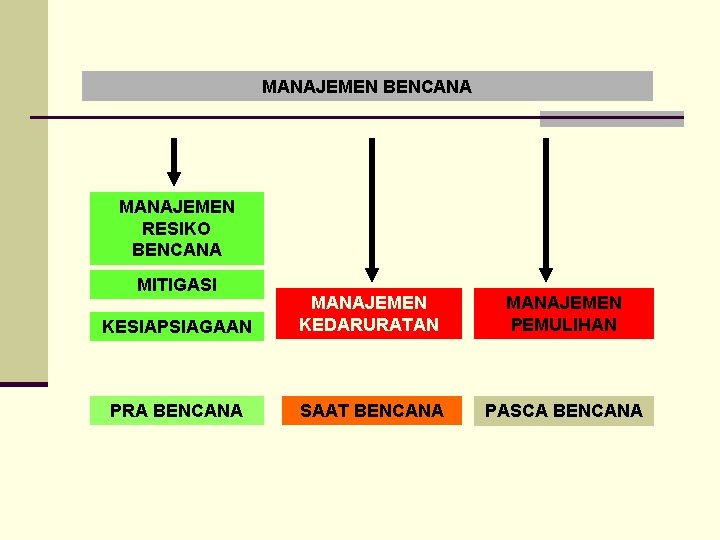 MANAJEMEN BENCANA MANAJEMEN RESIKO BENCANA MITIGASI KESIAPSIAGAAN MANAJEMEN KEDARURATAN MANAJEMEN PEMULIHAN PRA BENCANA SAAT