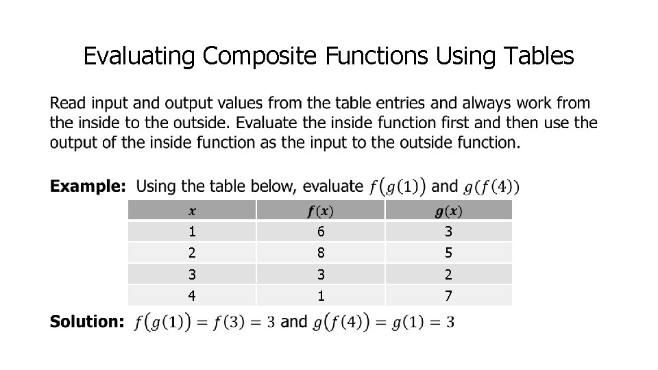 Evaluating Composite Functions Using Tables • 1 6 3 2 8 5 3 3