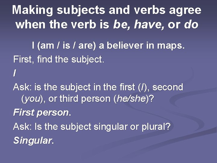Making subjects and verbs agree when the verb is be, have, or do I