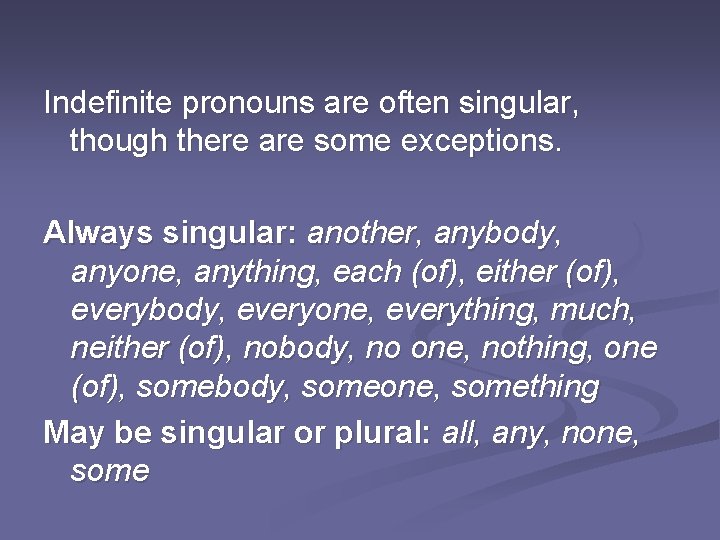 Indefinite pronouns are often singular, though there are some exceptions. Always singular: another, anybody,