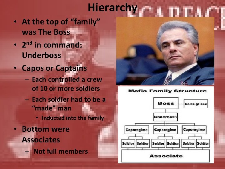 Hierarchy • At the top of “family” was The Boss • 2 nd in