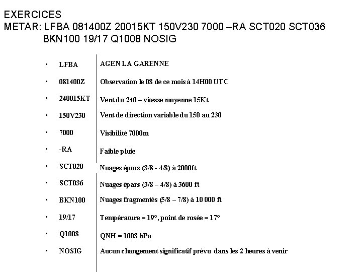 EXERCICES METAR: LFBA 081400 Z 20015 KT 150 V 230 7000 –RA SCT 020