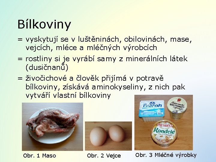 Bílkoviny = vyskytují se v luštěninách, obilovinách, mase, vejcích, mléce a mléčných výrobcích =