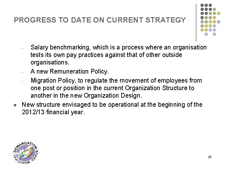 PROGRESS TO DATE ON CURRENT STRATEGY Salary benchmarking, which is a process where an