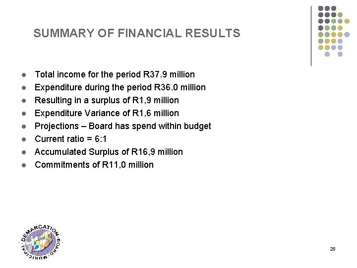 SUMMARY OF FINANCIAL RESULTS l l l l Total income for the period R