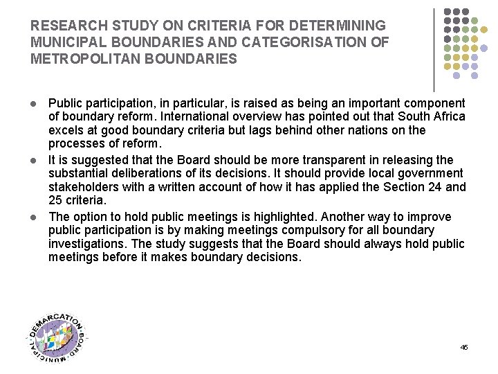 RESEARCH STUDY ON CRITERIA FOR DETERMINING MUNICIPAL BOUNDARIES AND CATEGORISATION OF METROPOLITAN BOUNDARIES l