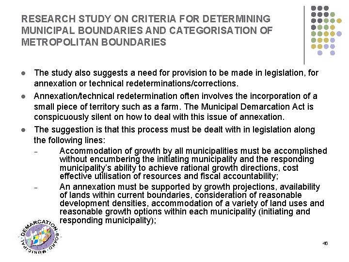 RESEARCH STUDY ON CRITERIA FOR DETERMINING MUNICIPAL BOUNDARIES AND CATEGORISATION OF METROPOLITAN BOUNDARIES l