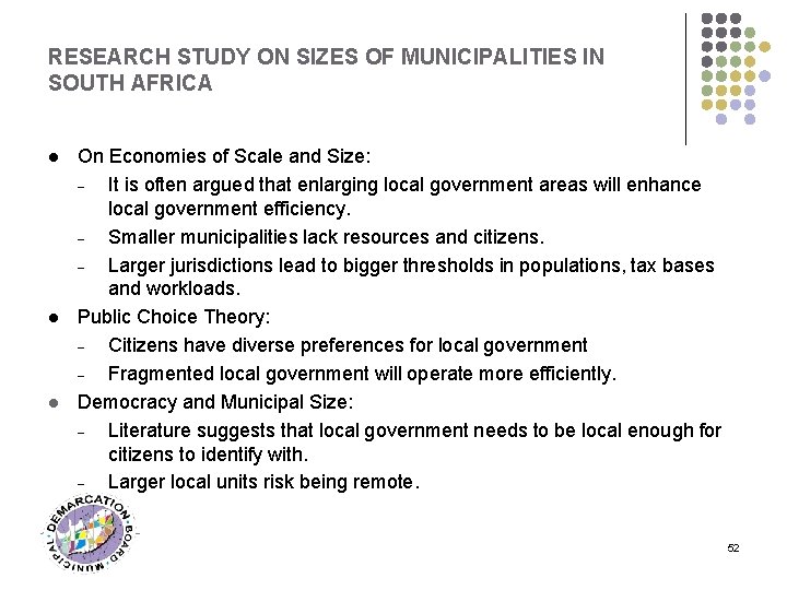 RESEARCH STUDY ON SIZES OF MUNICIPALITIES IN SOUTH AFRICA l l l On Economies
