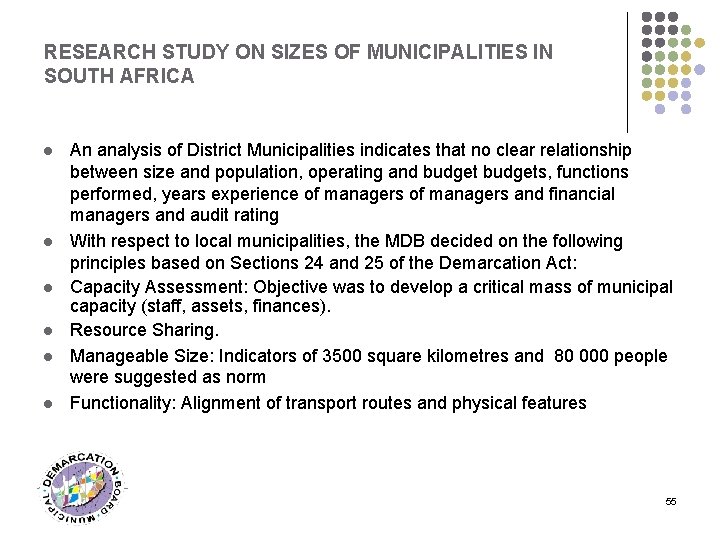 RESEARCH STUDY ON SIZES OF MUNICIPALITIES IN SOUTH AFRICA l l l An analysis