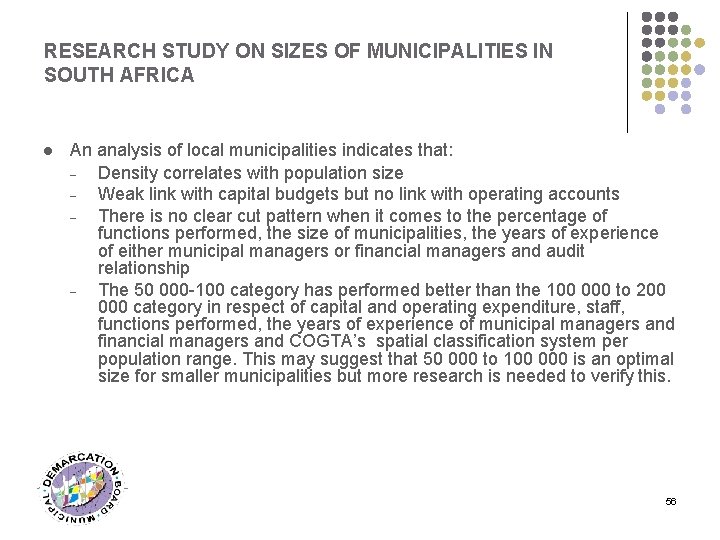 RESEARCH STUDY ON SIZES OF MUNICIPALITIES IN SOUTH AFRICA l An analysis of local