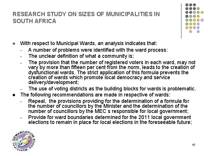 RESEARCH STUDY ON SIZES OF MUNICIPALITIES IN SOUTH AFRICA l l With respect to