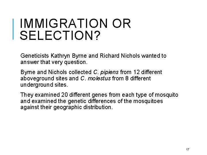 IMMIGRATION OR SELECTION? Geneticists Kathryn Byrne and Richard Nichols wanted to answer that very