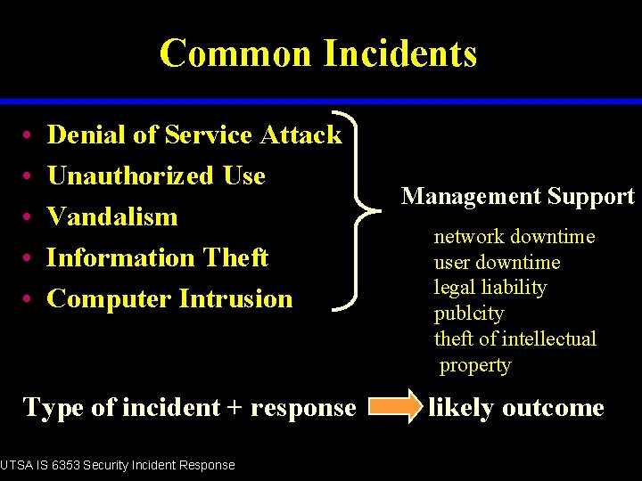 Common Incidents • • • Denial of Service Attack Unauthorized Use Vandalism Information Theft
