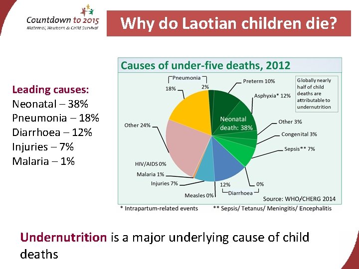 Why do Laotian children die? Leading causes: Neonatal – 38% Pneumonia – 18% Diarrhoea