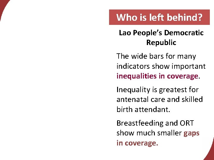 Who is left behind? Lao People’s Democratic Republic The wide bars for many indicators