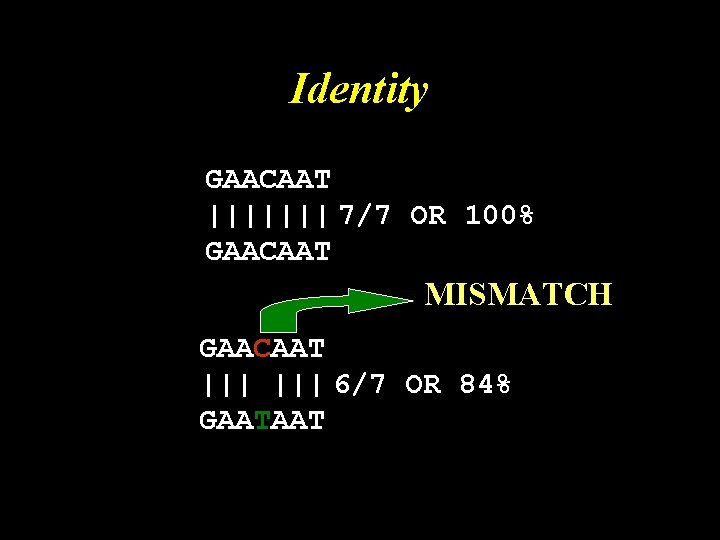 Identity GAACAAT ||||||| 7/7 OR 100% GAACAAT MISMATCH GAACAAT ||| 6/7 OR 84% GAATAAT