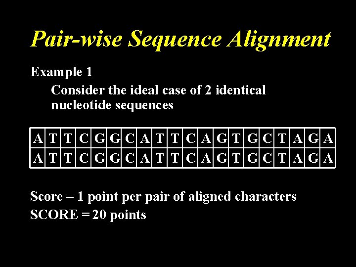 Pair-wise Sequence Alignment Example 1 Consider the ideal case of 2 identical nucleotide sequences