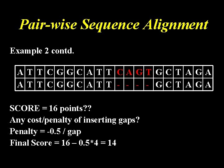 Pair-wise Sequence Alignment Example 2 contd. A T T C GGC A T T