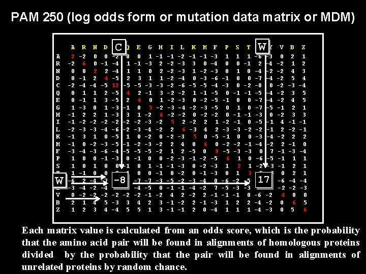 PAM 250 (log odds form or mutation data matrix or MDM) A R N