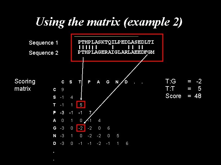 Using the matrix (example 2) Sequence 1 PTHPLASKTQILPEDLASEDLTI Sequence 2 PTHPLAGERAIGLARLAEEDFGM Scoring matrix C