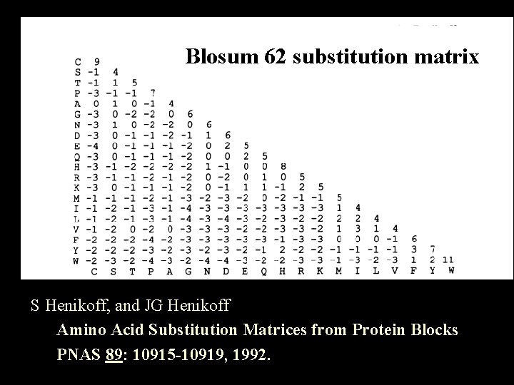 Blosum 62 substitution matrix S Henikoff, and JG Henikoff Amino Acid Substitution Matrices from