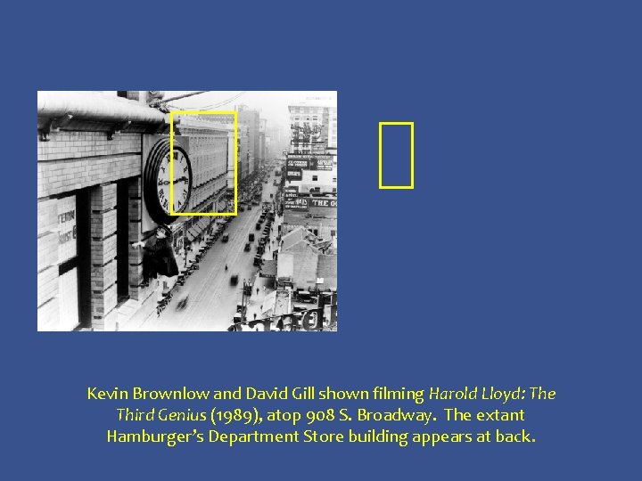 Kevin Brownlow and David Gill shown filming Harold Lloyd: The Third Genius (1989), atop