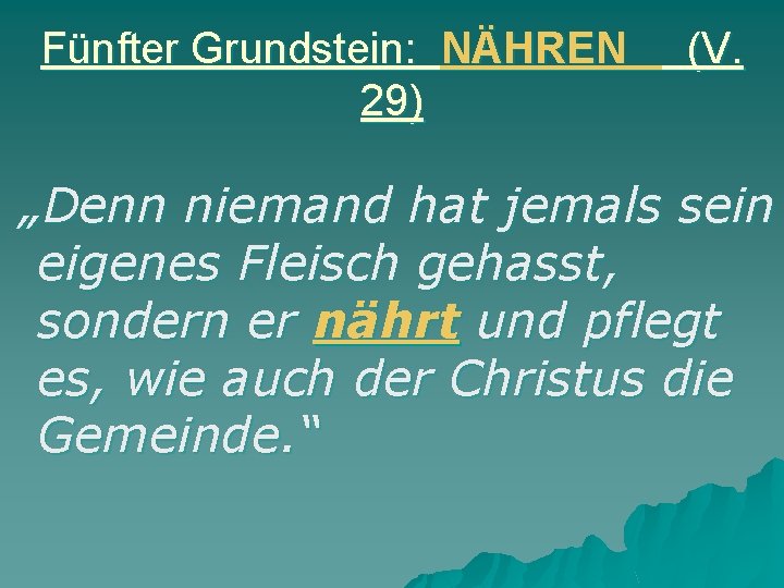 Fünfter Grundstein: NÄHREN 29) (V. „Denn niemand hat jemals sein eigenes Fleisch gehasst, sondern