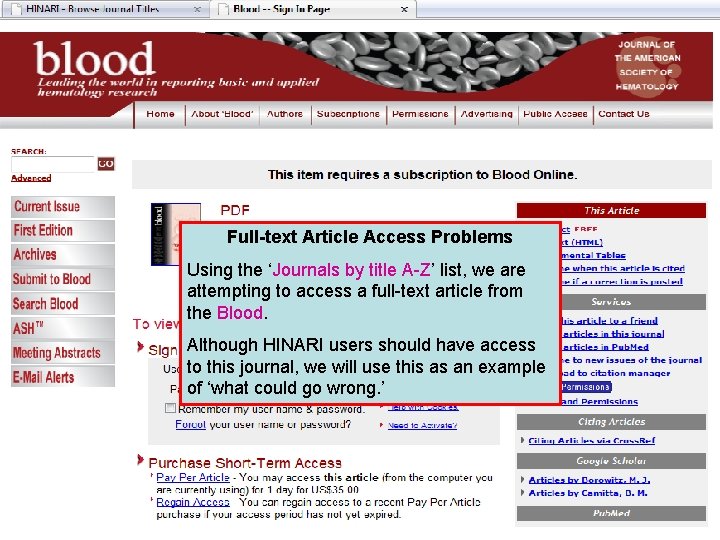 Full-text Article Access Problems Using the ‘Journals by title A-Z’ list, we are attempting