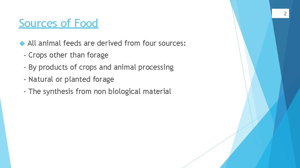 2 Sources of Food All animal feeds are derived from four sources: - Crops