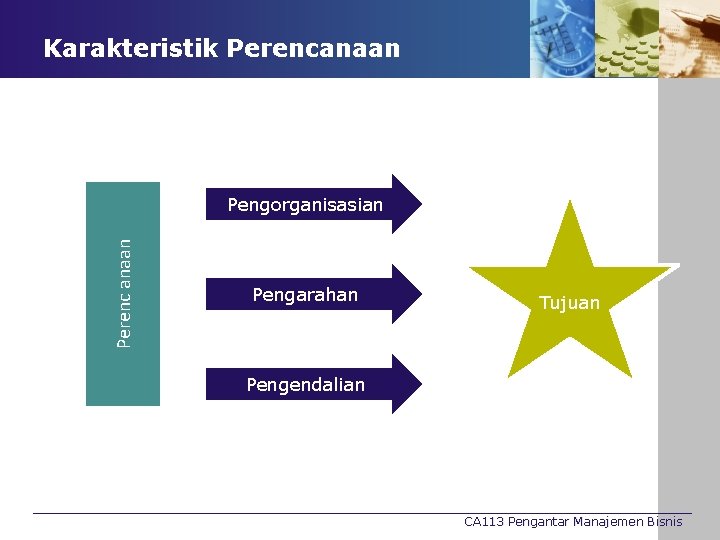 Karakteristik Perencanaan Perenc anaan Pengorganisasian Pengarahan Tujuan Pengendalian CA 113 Pengantar Manajemen Bisnis 