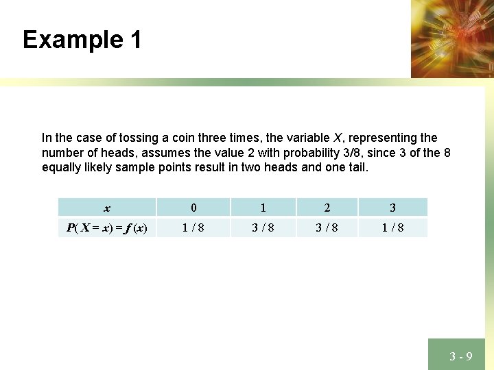 Example 1 In the case of tossing a coin three times, the variable X,
