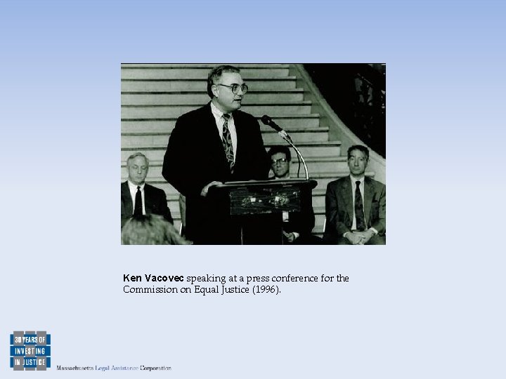 Ken Vacovec speaking at a press conference for the Commission on Equal Justice (1996).