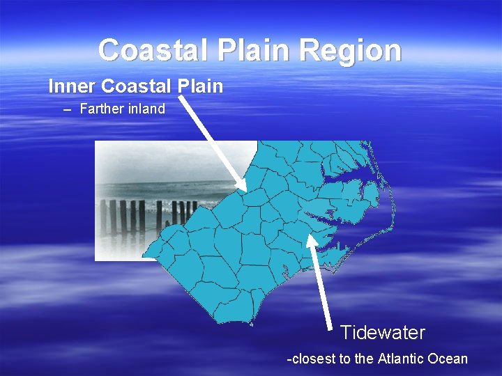 Coastal Plain Region Inner Coastal Plain – Farther inland Tidewater -closest to the Atlantic