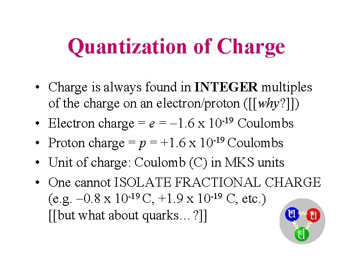 Quantization of Charge • Charge is always found in INTEGER multiples of the charge