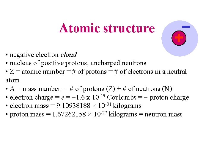 Atomic structure • negative electron cloud • nucleus of positive protons, uncharged neutrons •