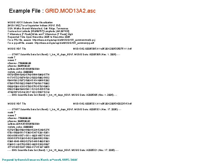 Example File : GRID. MOD 13 A 2. asc MODIS ASCII Subsets: Data Visualization
