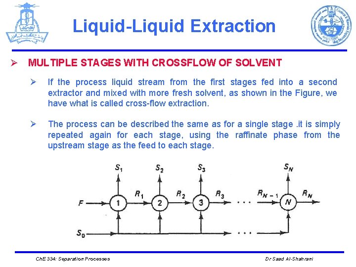 Liquid-Liquid Extraction Ø MULTIPLE STAGES WITH CROSSFLOW OF SOLVENT Ø If the process liquid