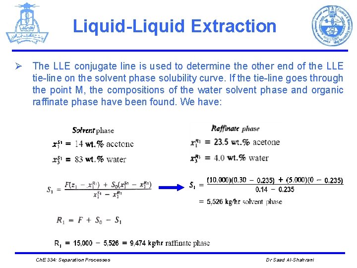 Liquid-Liquid Extraction Ø The LLE conjugate line is used to determine the other end