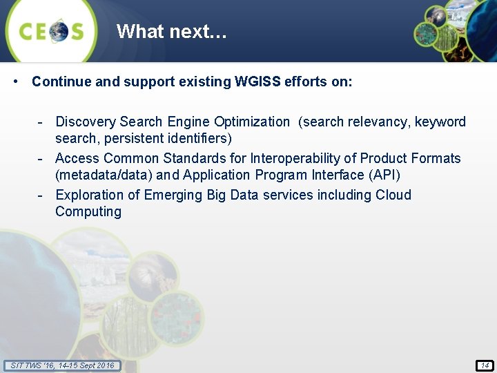 What next… • Continue and support existing WGISS efforts on: - Discovery Search Engine