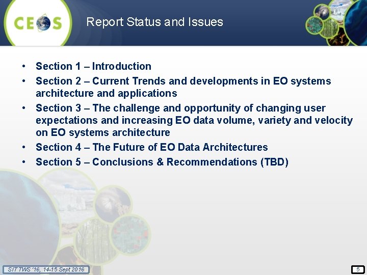 Report Status and Issues • Section 1 – Introduction • Section 2 – Current