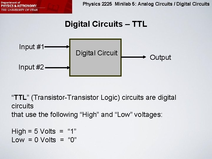 Physics 2225 Minilab 5: Analog Circuits / Digital Circuits – TTL Input #1 Digital
