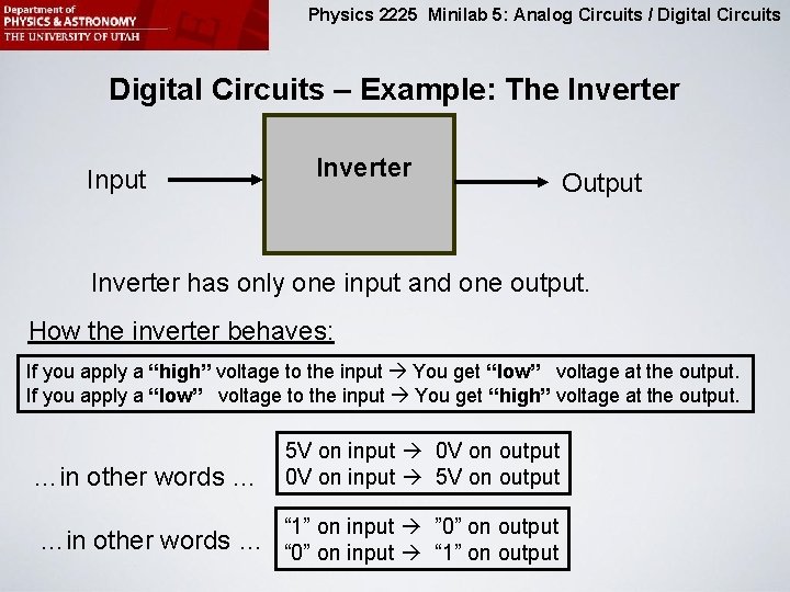 Physics 2225 Minilab 5: Analog Circuits / Digital Circuits – Example: The Inverter Input