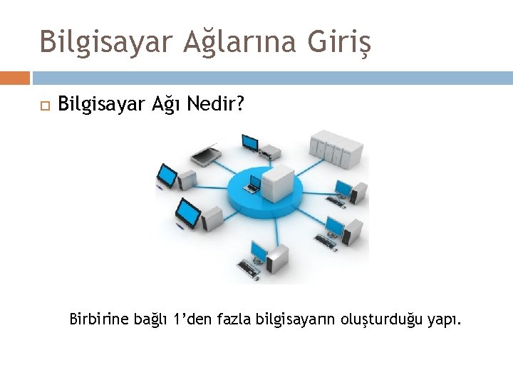 Bilgisayar Ağlarına Giriş Bilgisayar Ağı Nedir? Birbirine bağlı 1’den fazla bilgisayarın oluşturduğu yapı. 