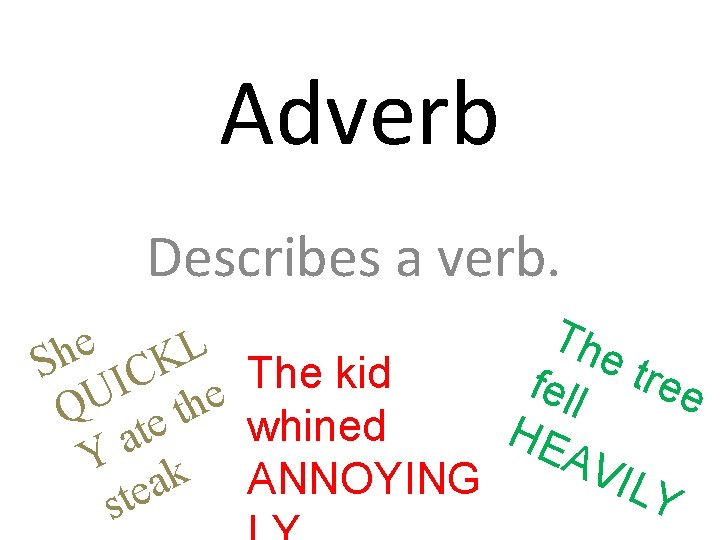 Adverb Describes a verb. T e h L h e tr S ICK The