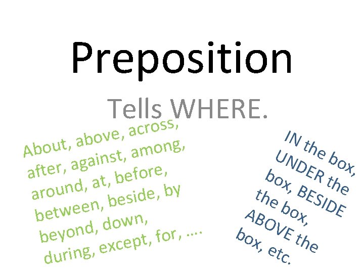 Preposition Tellsoss. WHERE. , r c a , e v o b a ,