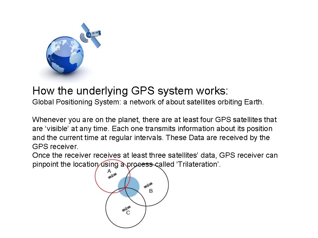 How the underlying GPS system works: Global Positioning System: a network of about satellites