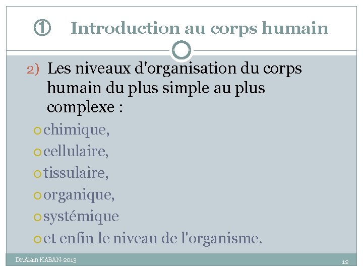 ① Introduction au corps humain 2) Les niveaux d'organisation du corps humain du plus